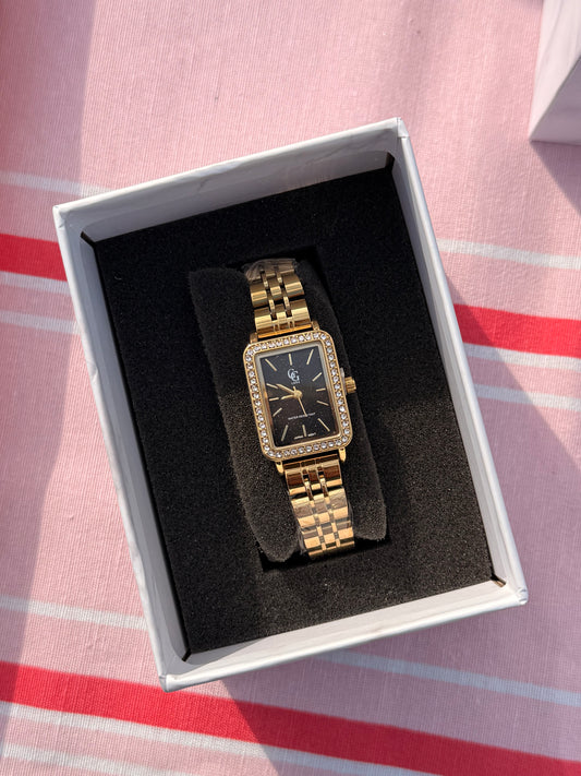 Montre Rectangulaire Strass – Cadran noir modèle CÉLESTE